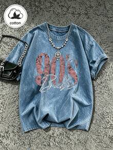 Plus Size Women's Vintage Print T-Shirt - Vintage Letter Graphic Casual Short Sleeve Crew Neck Washed Top Summer - Royal Blue - View 6
