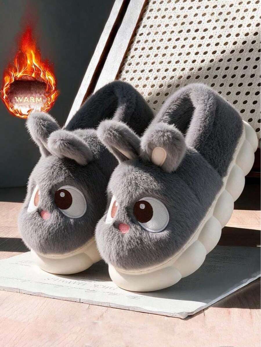 Winter New Cute Cartoon Rabbit Thermal Lined Warm Minimalist Comfortable Plush Closed-Back Slippers - Grey - View 1