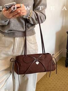 low tea 1pc Fashion Square Baguette Suede Fabric Shoulder Bag, Suitable For Commuting, Shopping And More - Coffee - View 12