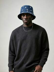 1pc Men's Daisy Embroidered Denim Bucket Hat, Streetwear Vintage Autumn/Winter Versatile Denim Bucket Hat - A - View 2