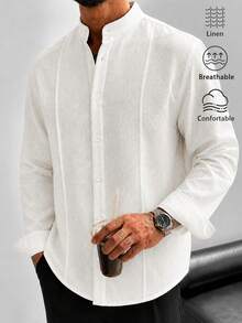 Men's Old Money Style Linen Blend White Textured Button-Up Loose Long Sleeve Shirt, Summer/Autumn Casual, Street, Work, Date, Office, Husband/Father - Beige - View 6