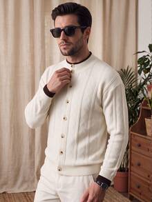 LOOKUN Autumn Winter Colorblock Royal Style High-End Old Money Aesthetic Semi-High Neck Long Sleeve Cardigan Knit Sweater Jacket - Apricot - View 1