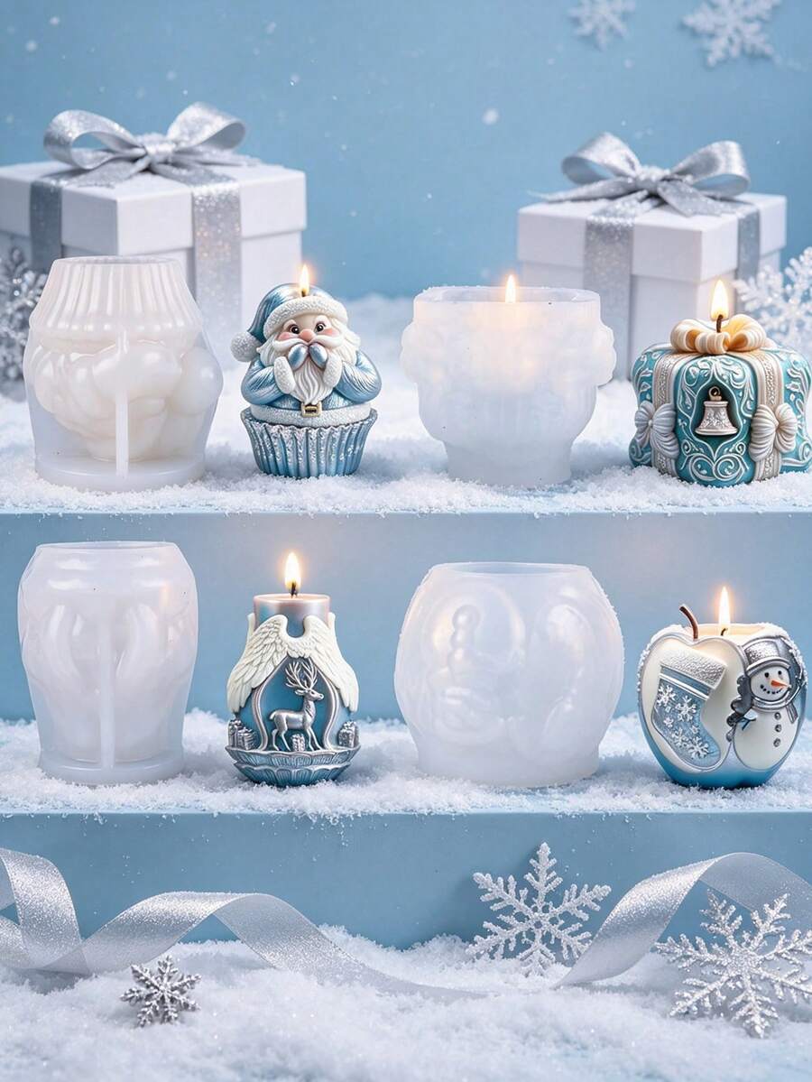 1pc Christmas 3D Aromatherapy Candle Silicone Mold, Santa Claus Cupcake Gift Box Angel Reindeer Apple Snowman Shape, DIY Aromatherapy Plaster Holiday Decor Silicone Mold Easy Release - Transparent - View 1