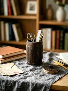 1 buah Toples Penyimpanan Kayu Bentuk Tong Vintage dengan Tutup, Wadah Kayu Rustik Multifungsi untuk Perhiasan, Teh, Alat Tulis, Kuas Kosmetik, Pengatur Dekorasi Meja Rumah - MultiWarna - View 5