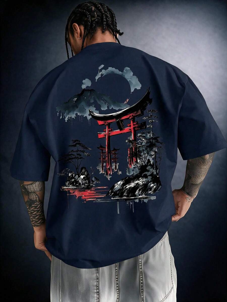 1 pieza Camiseta de manga corta holgada con estampado de moda para hombre | Diseño exquisito | Esencial de verano | Fácil de combinar, muestra tu estilo - Azul Marino - Ver 1