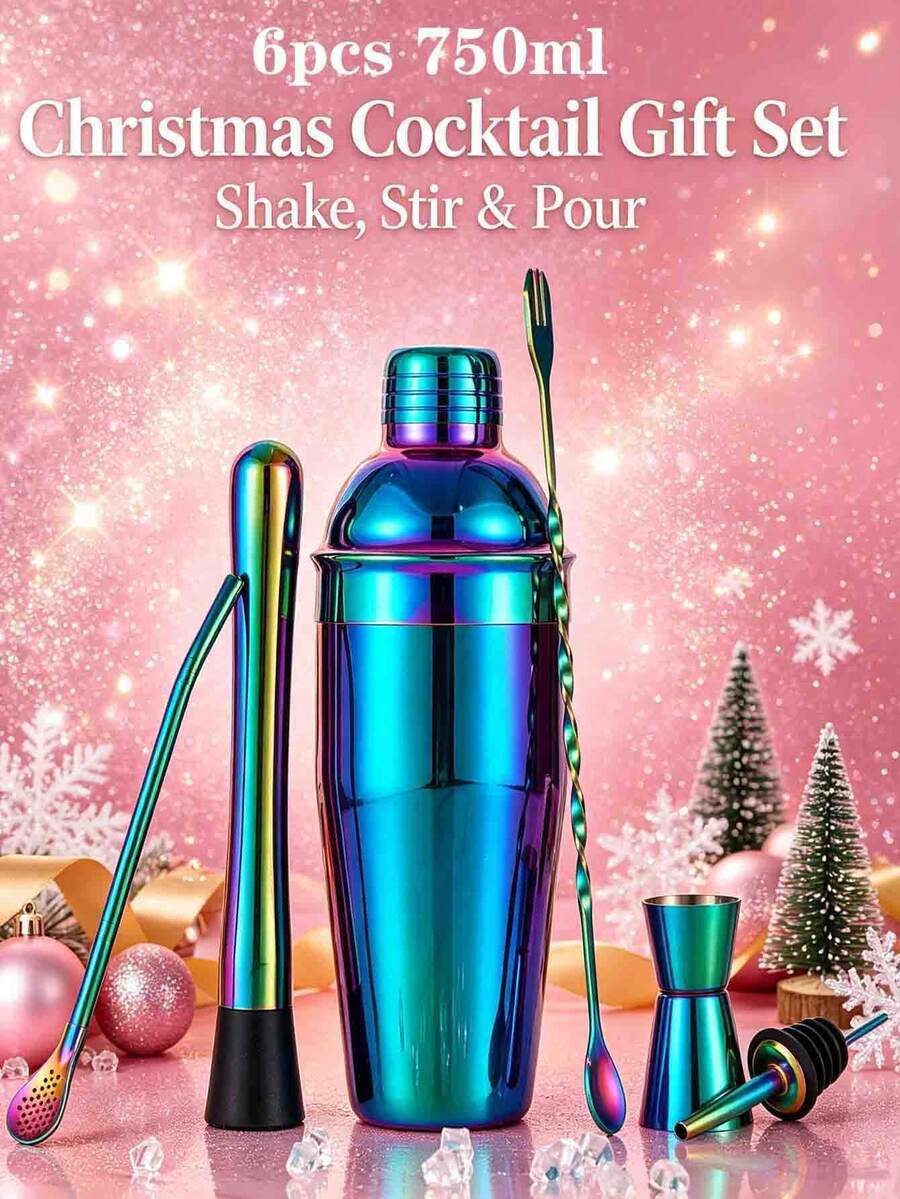 6pcs/750ml Colorful Cocktail Stainless Steel Barware Set, Luxury Gradient Style, Christmas Party Home Bar, High-End Gift, Mug, Cocktail Cup, Ice Breaker - View 1