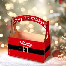 1pc Wooden Christmas Gift Assembly Storage Basket With Handle, Christmas Pattern, Suitable For Home Bedroom Office, Perfect For Christmas Decoration, Christmas New Year Thanksgiving Birthday - Multicolor - View 7