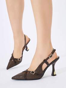 Women's Metal Buckle Cross Strap Slingback Pointed Toe Chunky Heel High Heel Pumps Elegant Dark Brown Mirror Patchwork Low Vamp Shoes Suitable For Party Daily Wear Spring Summer Autumn Winter - Coffee Brown - View 3