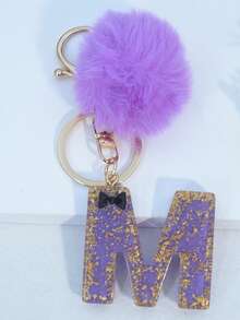 Minimalist Cute Initial Keychain A-Z Women's Bag Charm Black Bow Purple Pom Pom Key Chain Daily Wear Gift Accessory - Purple - View 34