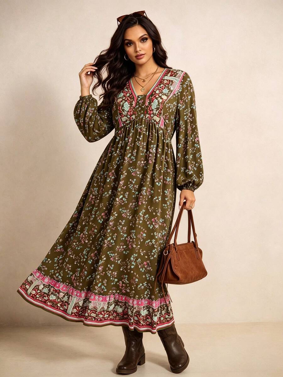 Rusttydustty فستان نسائي مقاس كبير بوهيمي للعطلات مخطط بأكمام فانوس وياقة على شكل حرف V - اخضر زيتون - مشاهدة 1