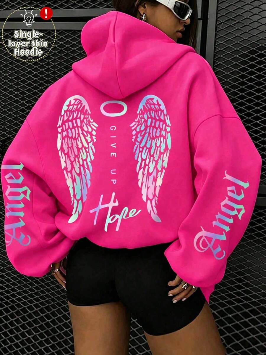 Plus Size Women's Lightweight Sweatshirt With Colorful Angel Wings Print, Casual Fashion Sweatshirt With Pockets, Autumn/Winter Sweatshirt, Comfortable Style With Pattern Top, Comfortable Top, Suitable For Spring/Autumn/Winter School/Sports/Outdoor Activities, Versatile Sweatshirt, Daily Wear - Hot Pink - View 1