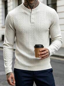 Men's Solid Color Jacquard Henley Long Sleeve Top, 3-Button Placket Slim Fit Textured Casual Pullover, Suitable For Spring And Autumn Daily Wear - White - View 3