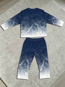 Autumn Men's Loungewear Set, Plus Size Men's 2 Pieces Set, Gradient Mountain Long Sleeve Graphic T-Shirt Paired With Men's Wide Leg Pants, Drawstring + Pocket Design, Suitable For Tall Men And Plus Size Men, Can Be Worn At Home Or Out - Multicolor - View 3