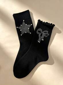 2 Pairs Black Mid-Calf Women Socks, Sweet & Cool Style With Rhinestone Bows And Five-Pointed Star Pearl Embellishments, Fashionable Personalized Slouch Socks, Suitable For Daily Wear, Dating Outfits, Exquisite Gift Item. Autumn Socks - Multicolor - View 7
