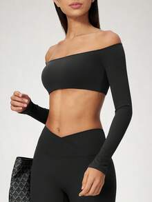 NcmRyu Women's 1pc Solid Color Off-Shoulder Long Sleeve Cropped Top, Highlights Shoulder And Neckline, Fitness Wear - Black - View 10