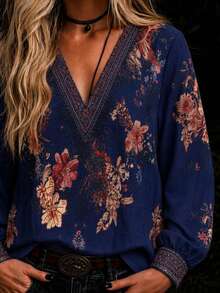 Women's Bohemian Print V-Neck Long Sleeve Blouse, Regular Fit Woven Fabric, Suitable For Autumn - Navy Blue - View 5