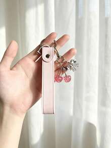 1PC Fashion Rhinestone Heart Bow Cherry Pendant PU Car Key Chain Horseshoe Buckle Key Strap - Multicolor - View 1
