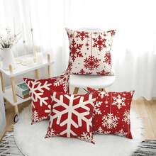 4PCS Christmas Decorative Pillow Cover, Red Snowflake And Christmas Tree Printed Cushion Cover, Farmhouse Style Suitable For Home Sofa And Living Room, Home Decor / Autumn Decoration / Room Decoration, Single-Sided Print, Pillow Insert Not Included - Red - View 5