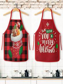 2pcs Vintage Christmas Santa Claus & Snowman Print Apron Set, Buffalo Plaid Kitchen Cooking Baking Aprons, Suitable For Holiday Party Home Decor - Multicolor - View 1