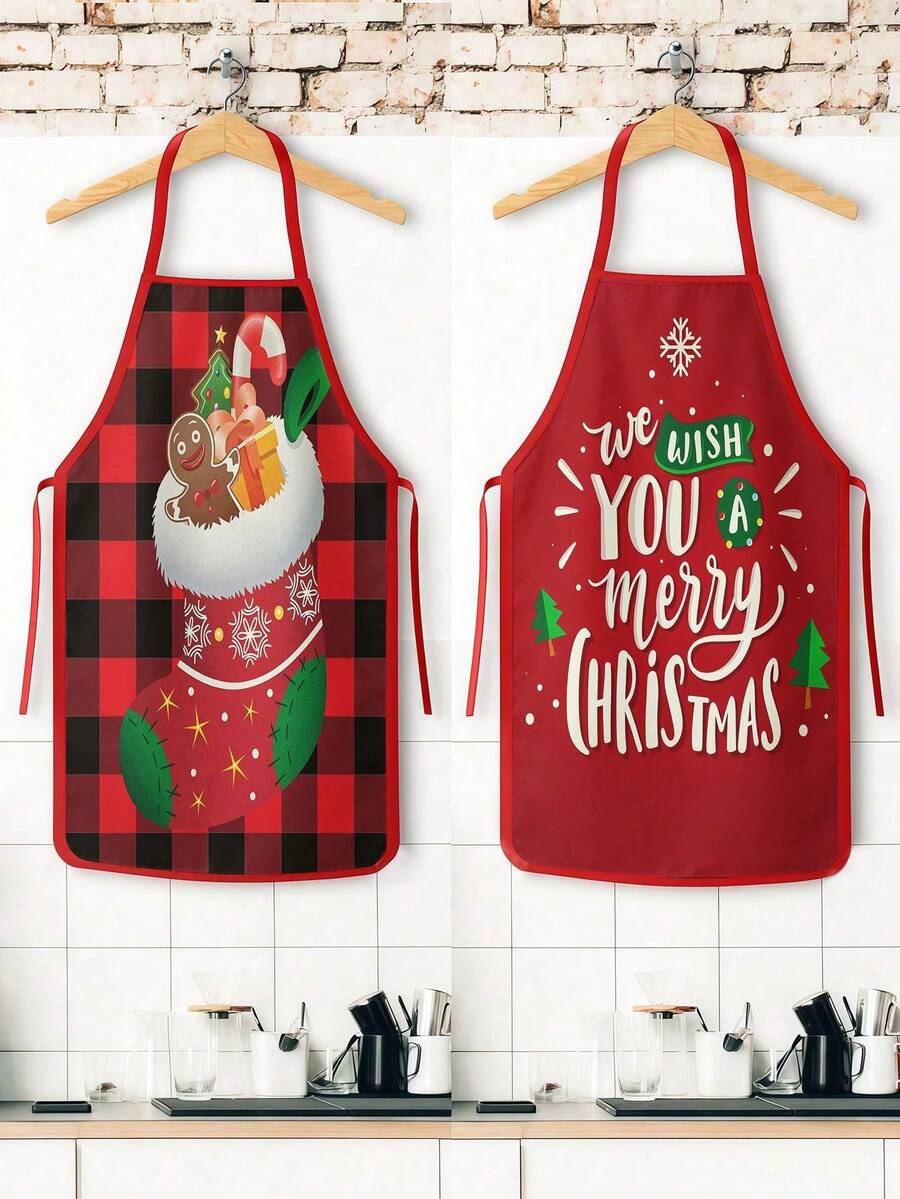 2pcs Vintage Christmas Santa Claus & Snowman Print Apron Set, Buffalo Plaid Kitchen Cooking Baking Aprons, Suitable For Holiday Party Home Decor - Multicolor - View 1