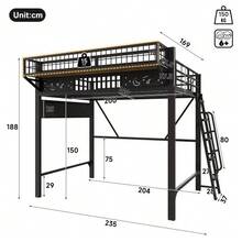 Loft Bed, 140 X 200 Cm, Metal Bed Frame, Storage Compartments, Open Lower Level, Without Mattress, Black - Black + Metal + 140cm*200cm - View 2