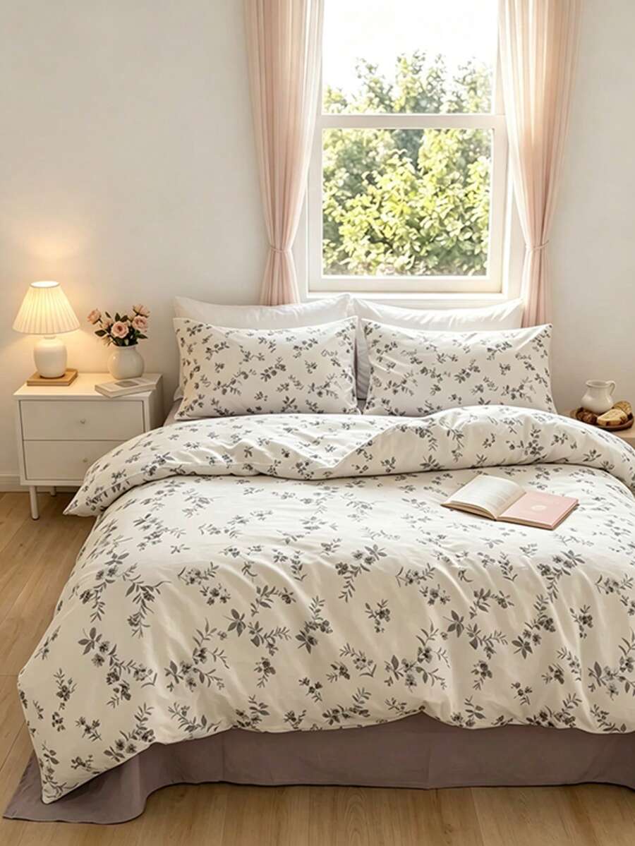 3pcs Vintage Floral Print Bedding Set, 2 Pillow Cases + 1 Quilt Cover