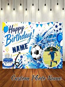 Customizable Photo & Name Football Sports Theme Happy Birthday Backdrop, Blue Paint Cake Birthday Hat & Balloon Design, Suitable For Birthday Party Cake Table Decoration, Portrait Photography Banner And Vinyl Material - Blue - View 2