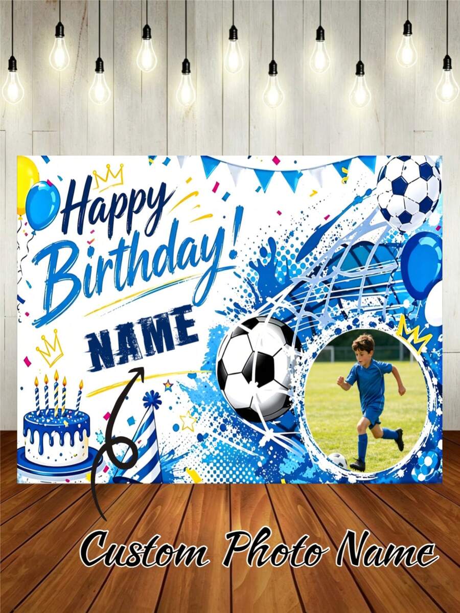 Customizable Photo & Name Football Sports Theme Happy Birthday Backdrop, Blue Paint Cake Birthday Hat & Balloon Design, Suitable For Birthday Party Cake Table Decoration, Portrait Photography Banner And Vinyl Material