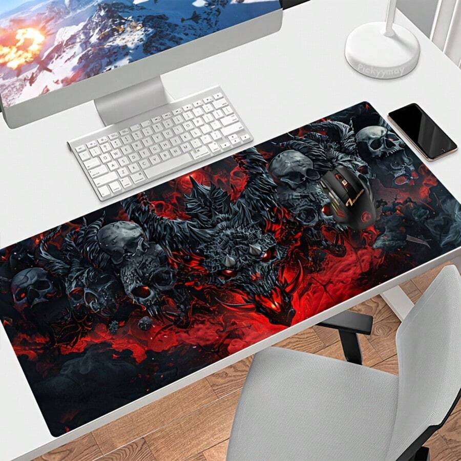 1pc Flame Demon Skull Gaming Mouse Pad - Non-Slip Rubber Base, Office & Gaming Dual-Use Desk Mat, Suitable For Computer / Laptop Large Rectangular Desktop Pad, Ideal Gift For Gamers, Perfect For Halloween Gift - Flame Demon Skull Mouse Pad - View 1