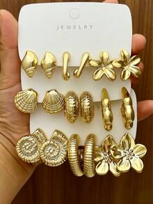 Women's Mixed Gold Shell & Flower Hoop Earrings 9 Pairs Set, Seashell Texture Thick Style Personalized Daily Accessories - Gold - View 1