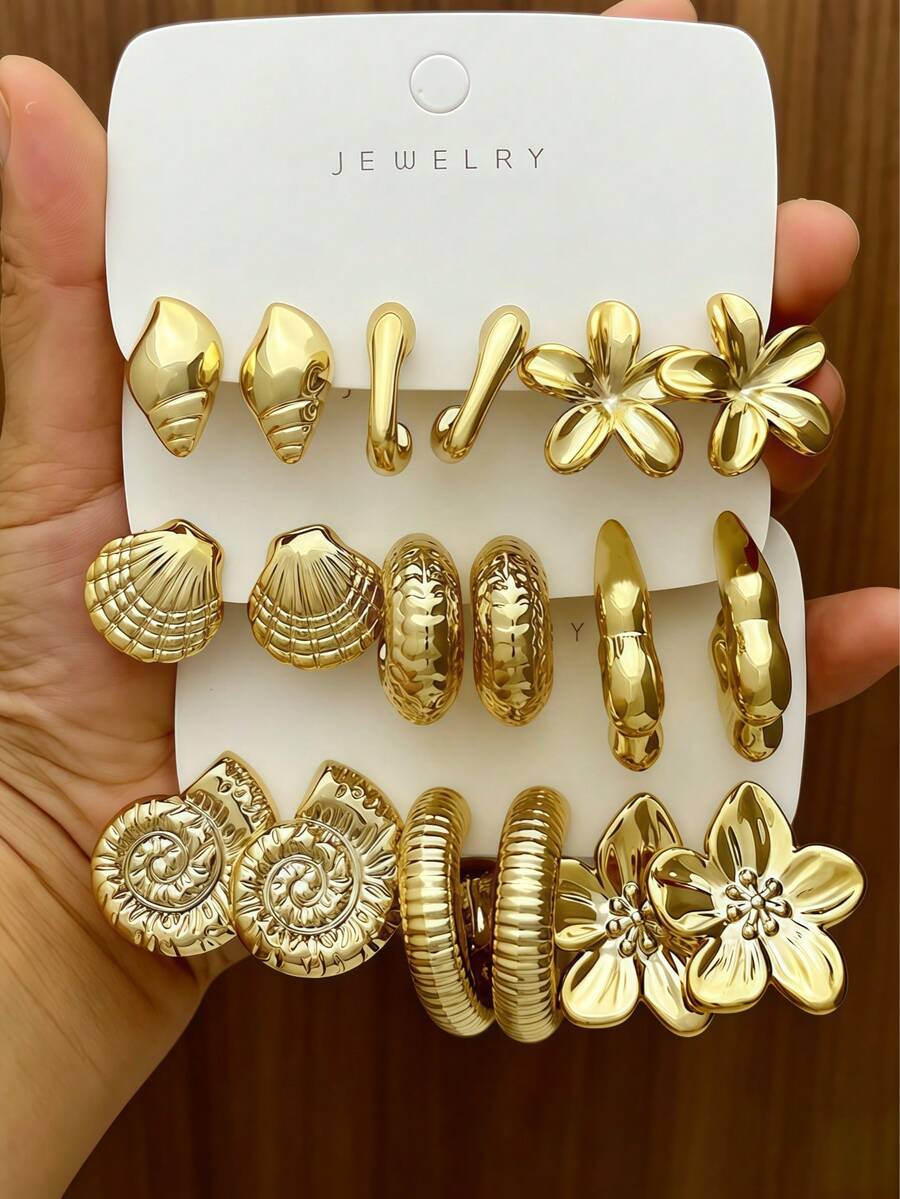 Women's Mixed Gold Shell & Flower Hoop Earrings 9 Pairs Set, Seashell Texture Thick Style Personalized Daily Accessories - Gold - View 1