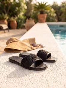 Women's Wavy Pattern Open Toe Slip-On Sandals Anti-Slip Flat Casual Slides - Black - View 7