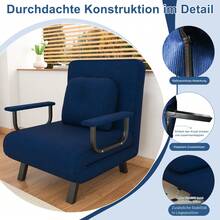 Reclining Armchair With Rest Function, 5-Position Adjustable Backrest, Chenille Upholstery, Additional Folding Supports, 180° Reclining Position, Reading Chair For Relaxing, Sleeping Chair, Blue (Foldable Sofa Chair) - Blue - View 3