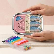 1pc 2D Flat Print Vintage Sardine Can Pattern Square Small Pill Box, Metal Portable Storage Box, Dual Compartment Design Easy To Organize, Suitable For Pills, Vitamins And Small Accessories, Pocket Size For Daily Travel - Multicolor - View 9