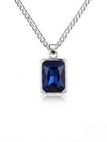 Retro Rectangle Blue Crystal Pendant Necklace, Inlaid Deep Blue Rhinestone Charm With Curb Chain,For Daily Outfits, Dating & Anniversary Holiday Gifts - Blue - View 5