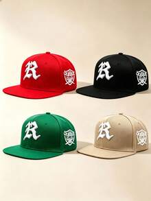 1pc Unisex Flat Brim Baseball Cap, Gothic R Letter 3D Embroidery, Skull‑Sword Shield Print On Side, Adjustable, For Daily, Street, Party, Travel Wear - Multicolor - View 3