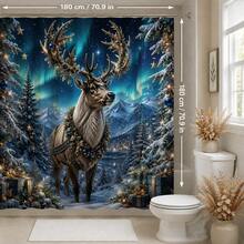 1pc/4pcs Aurora Deer Pattern Multi-Function Bathroom Decor Shower Curtain Set, Free 12 Hooks, Premium Holiday Atmosphere, Bathroom Mat, U-Shaped Floor Mat And Round Toilet Lid Cover, Suitable For All Occasions Decoration, Bathroom Set - Aurora Reindeer - View 10