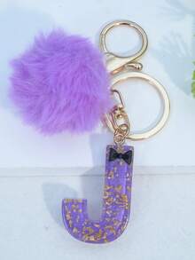 Minimalist Cute Initial Keychain A-Z Women's Bag Charm Black Bow Purple Pom Pom Key Chain Daily Wear Gift Accessory - Purple - View 12
