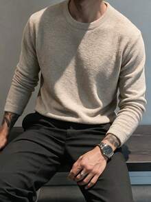 Men's Textured Fleece Crew Neck Long Sleeve T-Shirt, Loose Casual Soft Base Layer Top, Regular Crew Neck Fit, Suitable For Daily Wear And Layering - Khaki - View 1