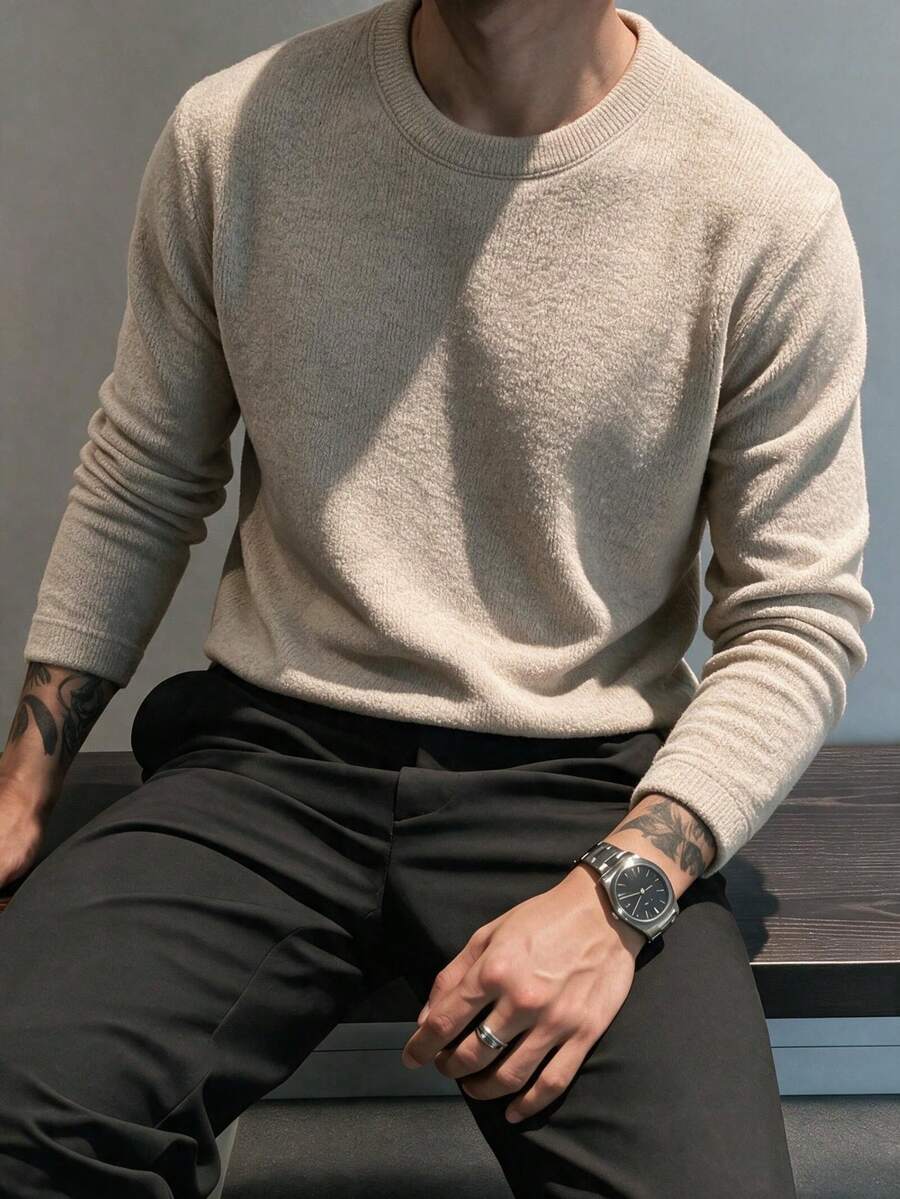 Men's Textured Fleece Crew Neck Long Sleeve T-Shirt, Loose Casual Soft Base Layer Top, Regular Crew Neck Fit, Suitable For Daily Wear And Layering - Khaki - View 1