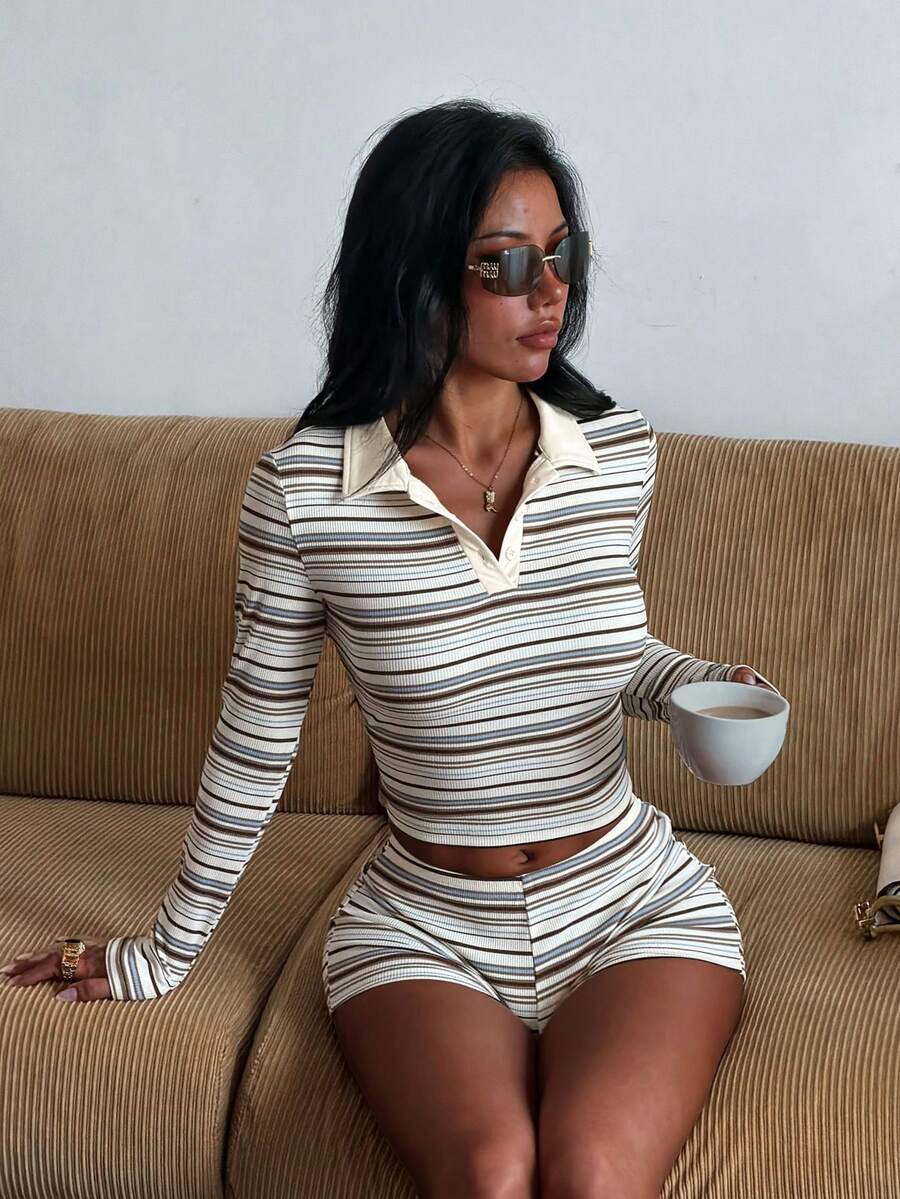 Women's Striped Ribbed Polo Collar Long Sleeve Crop Top And Shorts 2 Pieces Set, Casual Daily Street Style Outfit For Outing And Vacation - Apricot - View 1