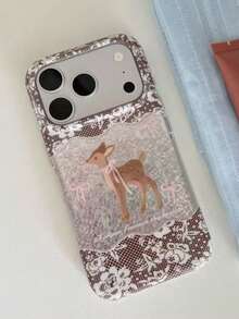 1PC Autumn/Winter Maillard Deer Lace Bow IMD Full Coverage Shockproof PC Phone Case Compatible With Apple 11 Pro Max/12 Pro Max/13 Pro Max/14 Pro Max/15 Pro Max/16 Pro Max/17 Pro Max/18 Pro Max - Multicolor - View 4