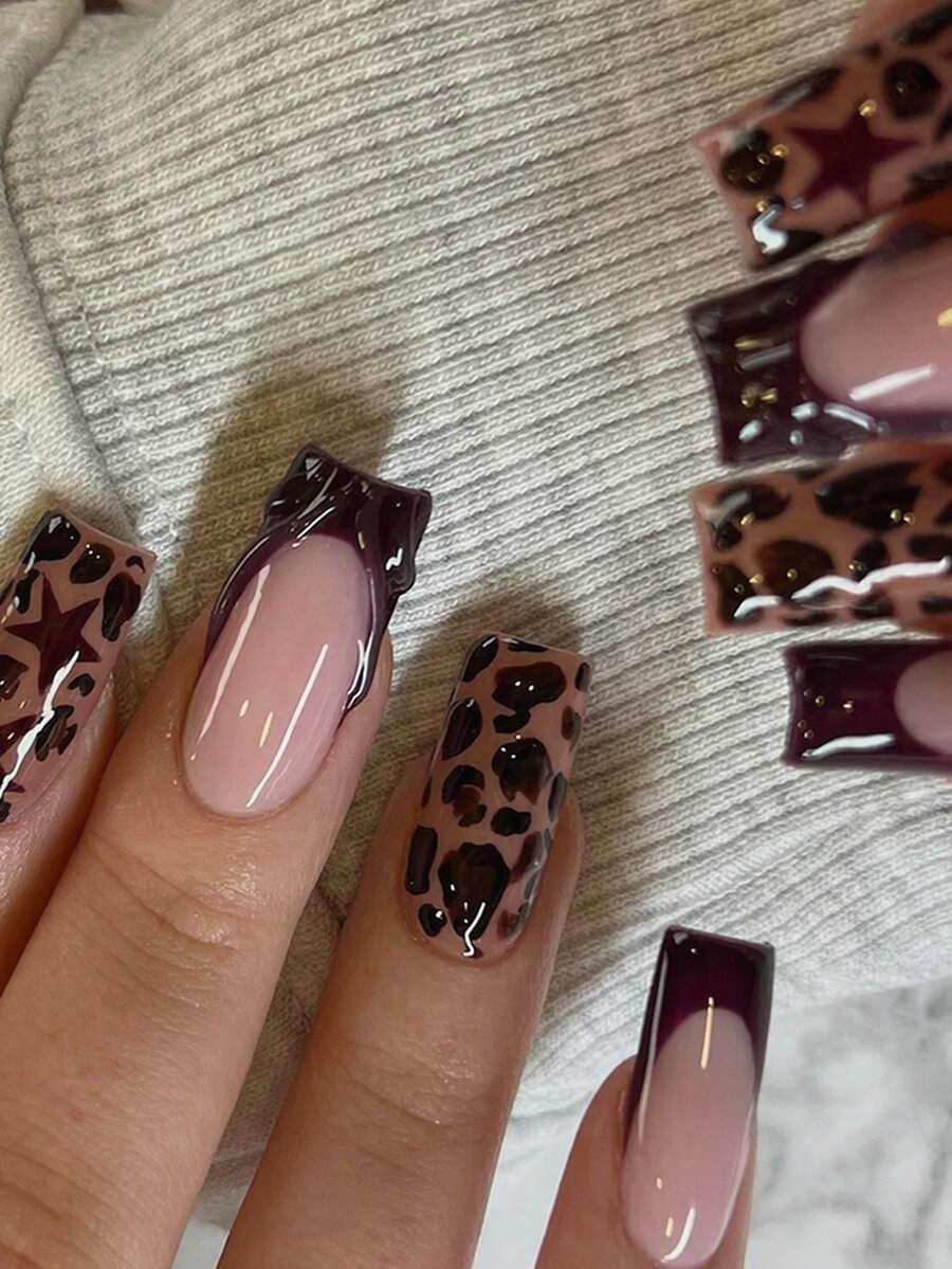 24pcs Set Of Medium Length Trapezoidal Nail Stickers Features A Nude Pink Base With Deep Purple French Edge And Star Design Perfect For Dates Comes With A Complete Set Of Jelly Glue And Nail Application Tools Autumn Collection Nail Art - Multicolor - View 1