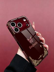 1件客製化姓名時尚手機殼，金色巴洛克復古花卉圖案搭配粉紫色蝴蝶設計，酒紅電鍍邊框高畫質玻璃殼，適用於 Apple Duo/18ProMax/17ProMax/16Pro/15/14Plus/13Pro/12ProMax/11/XsMax & S26Ultra/25Plus/24/23/22 & A36/A35/A33/A31/A26/A15/A13/Note20/10Pro 及其他系列機型 - 酒紅色 - 查看 3