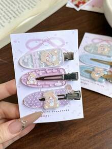 3pcs Floral Cute Bear Seamless Hair Clips, Cartoon Sweet Hair Accessories For Girls, New Seamless Side Clips - Multicolor - View 1
