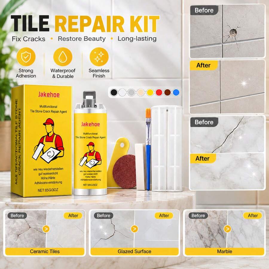 jakehoe Pegamento para Reparación de Grietas en Azulejos, Reparador de Cerámica, Esmalte y Mármol, Adhesivo para Rellenar Grietas y Daños en Azulejos - A - Ver 1