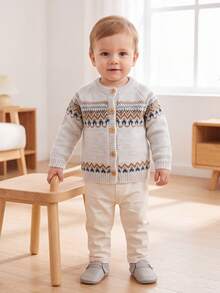 Infant Vintage Wave Pattern Solid Color Knit Cardigan Sweater, Casual Comfortable, Suitable For Autumn/Winter Everyday Wear Or Outings - Light Grey - View 1