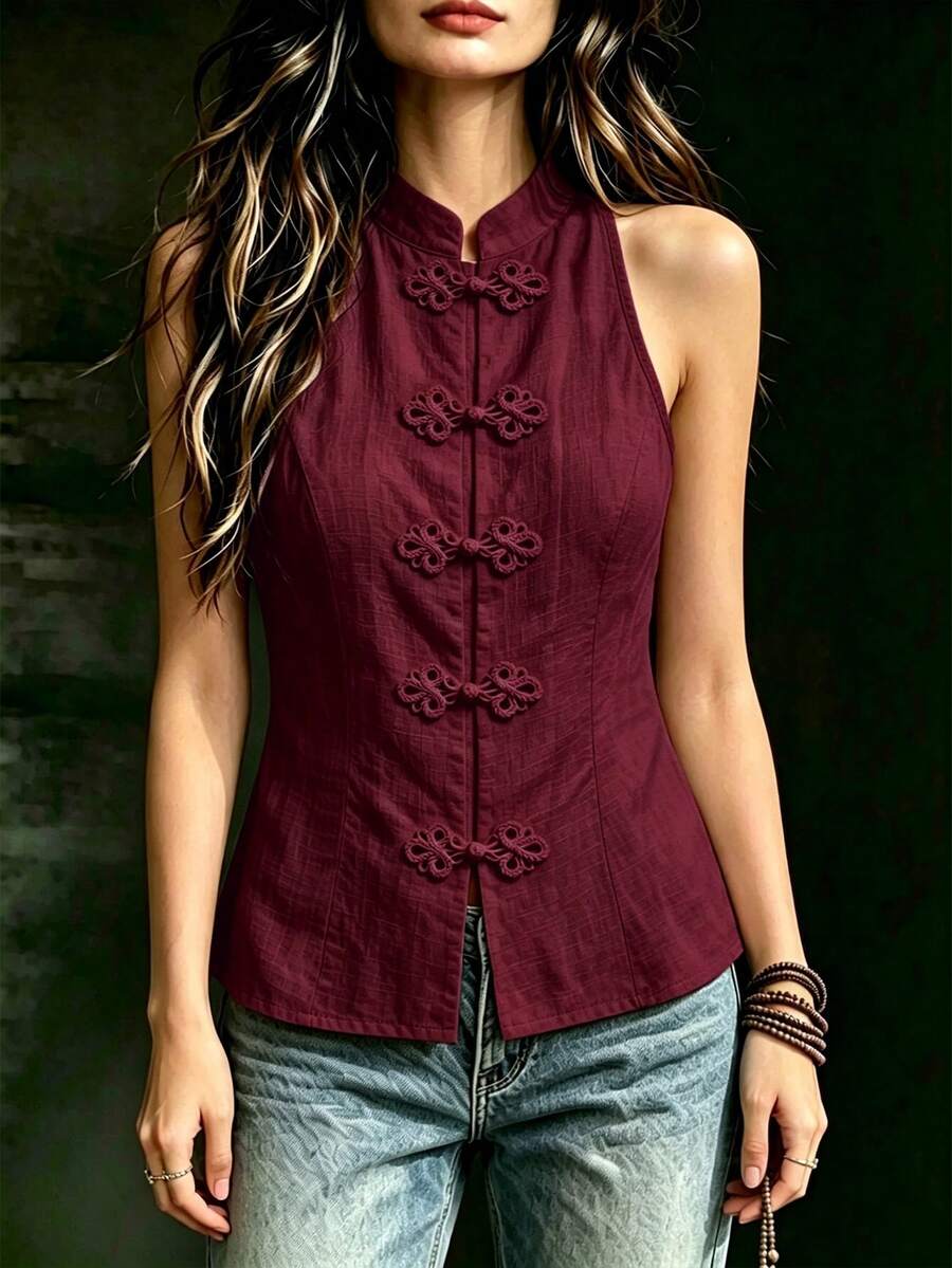 Estilo Chino Hecho a Mano con Botones de Rana y Cuello Alto, Ajuste de Cintura, Estilo Elegante Casual de Vacaciones, Adecuado para Uso Diario, Viajes y Vacaciones en Primavera y Verano 73LK - Burdeos - Ver 1