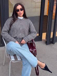 Women's Casual Front Button Knit Cardigan, Striped Crew Neck Drawstring Sweater, Suitable For Autumn/Winter Halloween Thanksgiving Christmas - Dark Grey - View 3