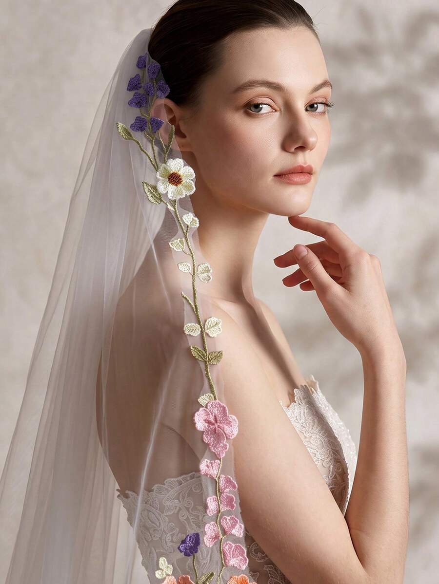 Colorful Floral Embroidered Bridal Veil, Dreamy Tulle Veil For Garden Wedding